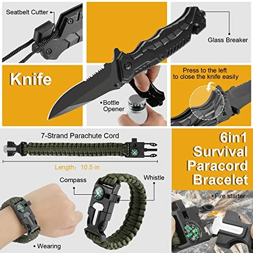 6-in-1 survival paracord bracelet with knife, glass breaker, seatbelt cutter, whistle, compass, and bottle opener.