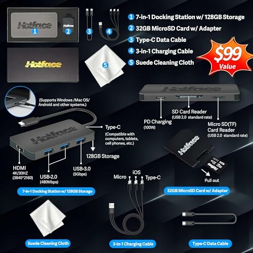 7-in-1 docking station bundle with 128GB storage, adapters, and cables.