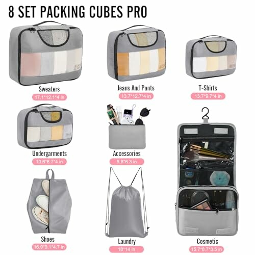 8 packing cubes for organizing clothes and accessories