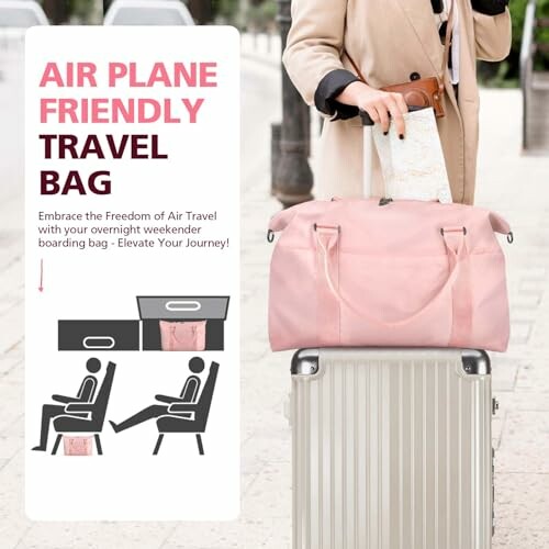 Person with pink travel bag on suitcase, promoting airplane-friendly design.