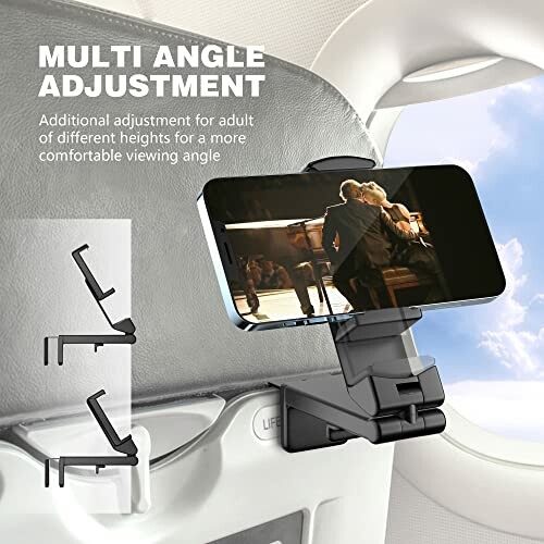 Phone holder attached to airplane seat with multi-angle adjustment feature.