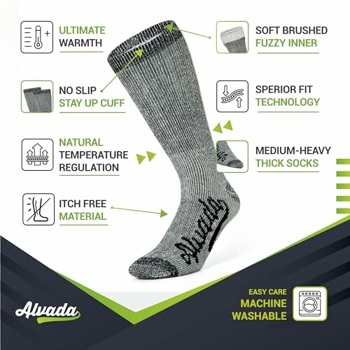 Alvada wool socks with features like warmth, fuzzy inner, stay-up cuff, temperature regulation, itch-free, thick socks, machine washable.