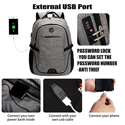 Anti-theft backpack with external USB port and password lock.