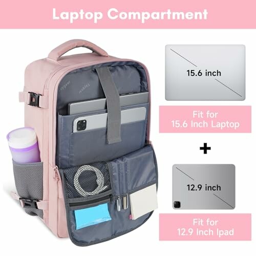 A pink backpack with laptop and iPad compartments displaying capacity for 15.6 inch laptop and 12.9 inch iPad.