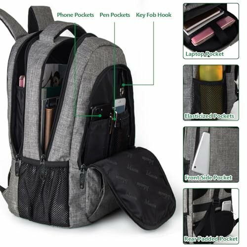 Gray backpack with multiple pockets and compartments for devices and accessories