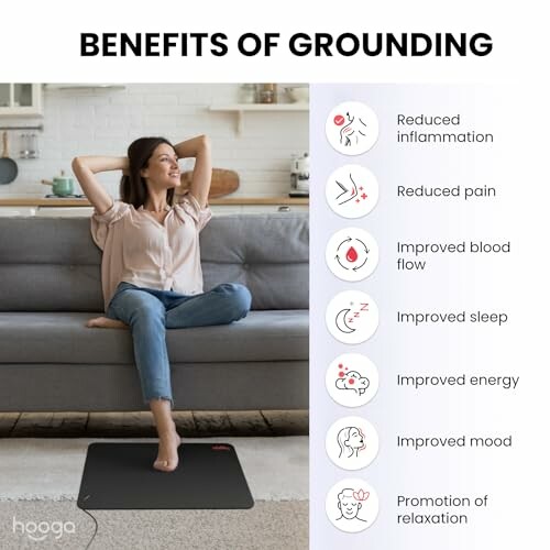 Woman relaxing on a grounding mat with benefits listed: reduced inflammation, reduced pain, improved blood flow, improved sleep, improved energy, improved mood, promotion of relaxation.