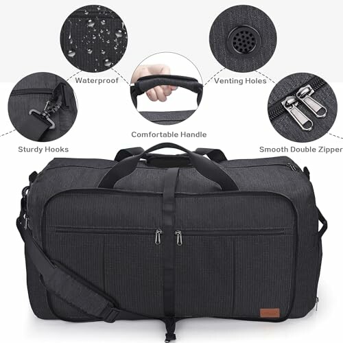 Black waterproof duffel bag with sturdy hooks, comfortable handle, venting holes, and smooth double zipper.