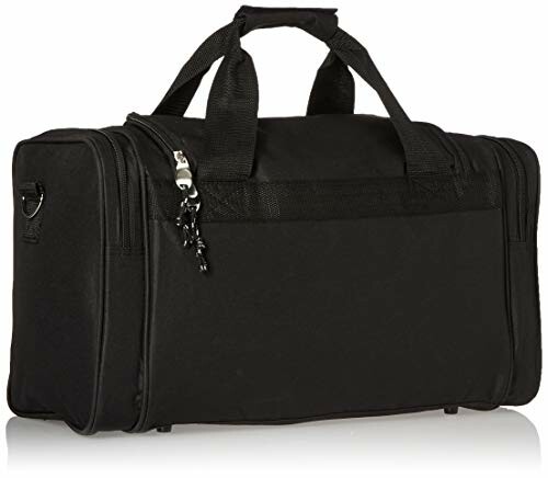 Black duffel bag with handles and zipper