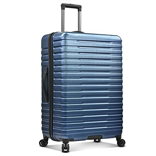 Blue hard-shell suitcase with wheels and handle