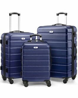 Set of three blue hardshell suitcases with wheels