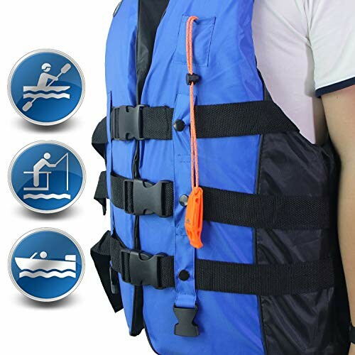 Blue life jacket with three activity icons: kayaking, fishing, and boating.