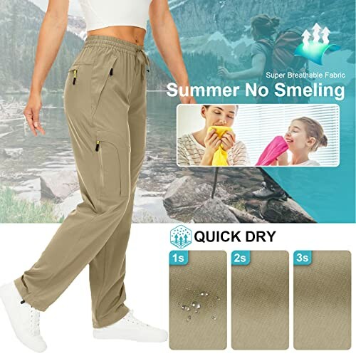 Woman wearing breathable quick-dry pants with mountain background.