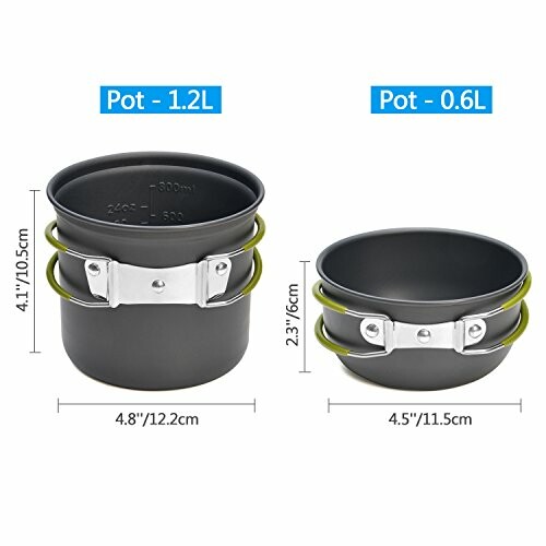 Two camping pots with measurements, 1.2L and 0.6L.