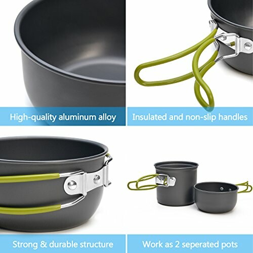 Camping cookware set with aluminum alloy and insulated handles.