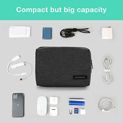 Compact electronics organizer pouch with various accessories displayed.