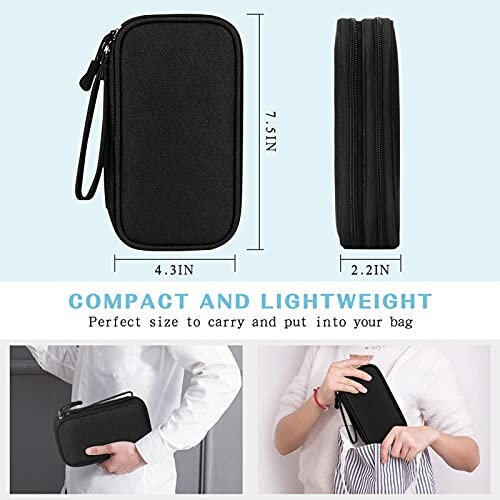 Black compact and lightweight travel pouch with dimensions shown and people holding it.