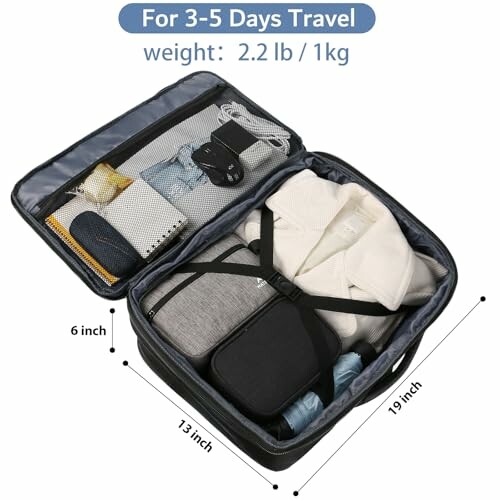 Open travel suitcase packed with clothes and accessories for 3-5 days.