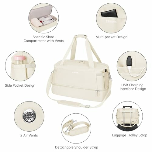 Cream duffel bag with multiple features including shoe compartment, multi-pocket design, USB charging, side pocket, air vents, detachable strap, and trolley strap.