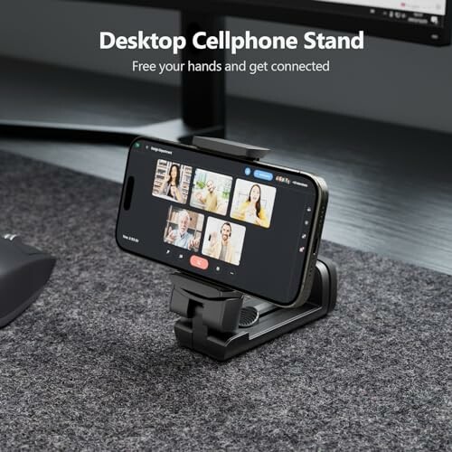 Desktop cellphone stand holding a smartphone displaying a video call.