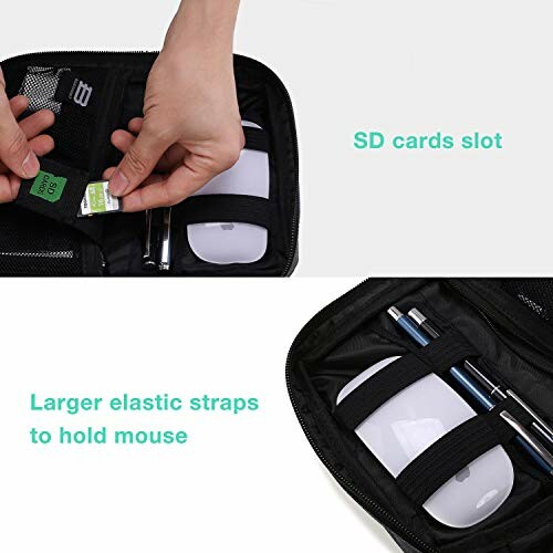 Hands placing SD card into organizer with slots and elastic straps.