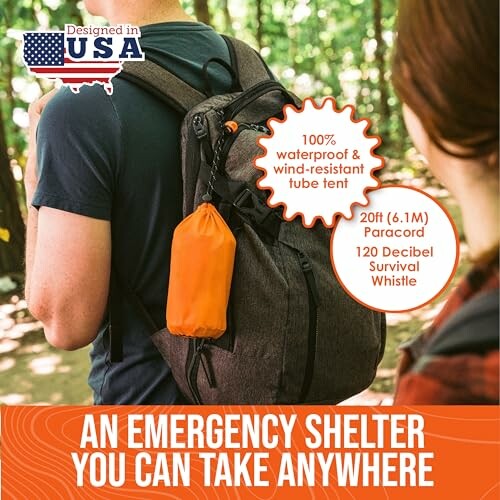 Person with backpack carrying emergency shelter kit in forest.