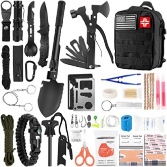 Comprehensive emergency survival kit with tools and first aid supplies.