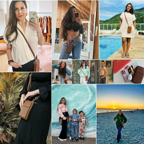 Collage of people showcasing a brown crossbody bag in various settings.