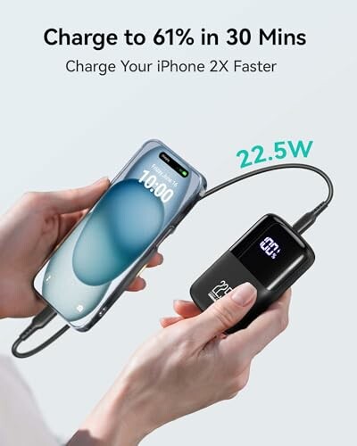 Hands holding smartphone and power bank showing 22.5W charging speed.