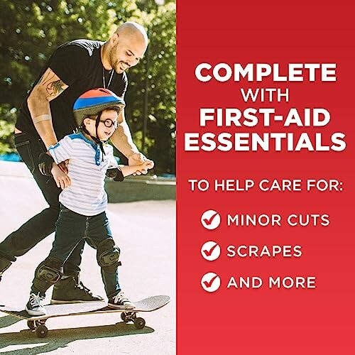 Adult helping child skateboard with first-aid essentials text.