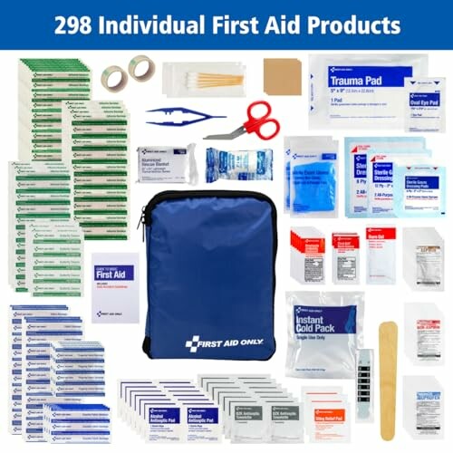 Contents of a 298-piece first aid kit including bandages, gauze, scissors, and more.