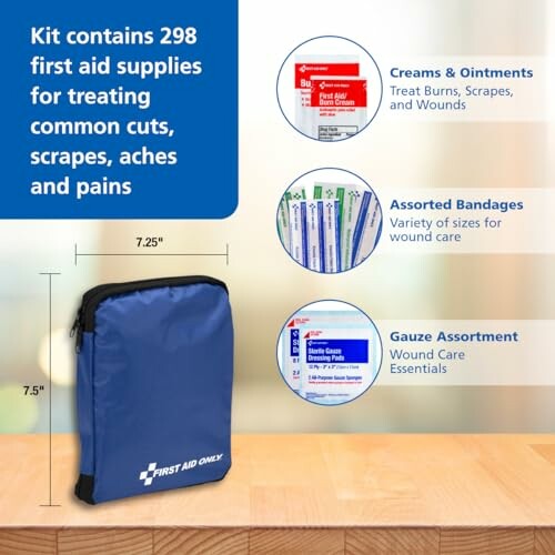 First aid kit with 298 supplies including creams, bandages, and gauze.