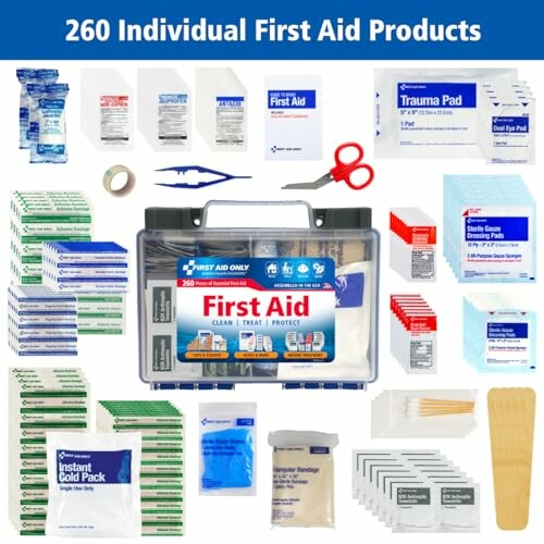 260 piece first aid kit with various medical supplies including bandages, scissors, and wipes.