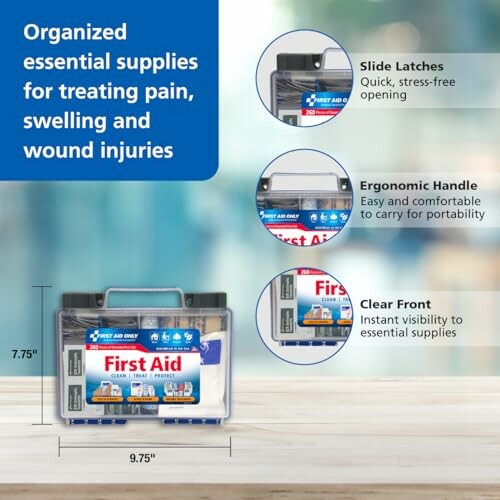 First aid kit with features: slide latches, ergonomic handle, clear front.