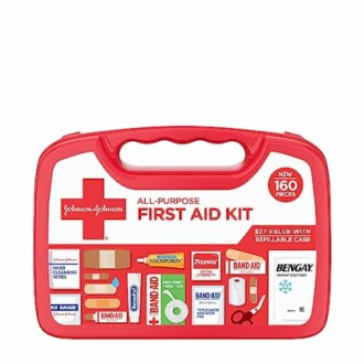 Red first aid kit with 160 pieces and Johnson & Johnson branding