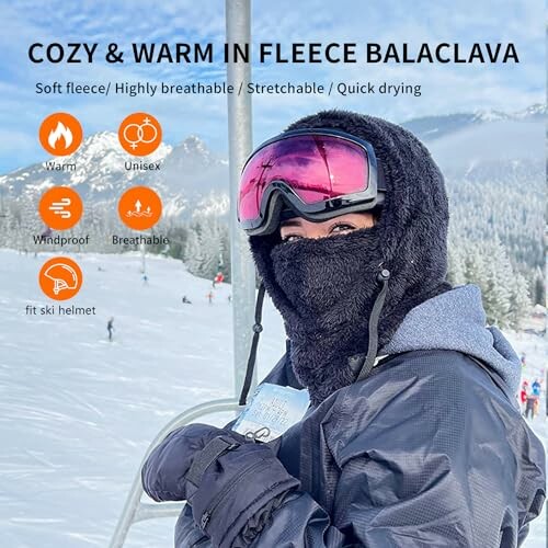 Person wearing fleece balaclava and ski gear on a snowy mountain