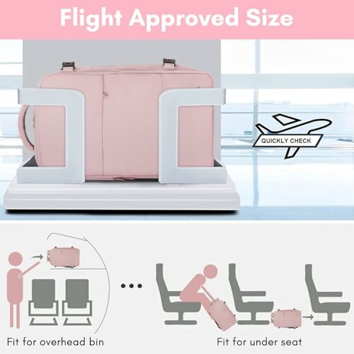 A pink bag shown fitting in overhead bin and under seat for flight approval.