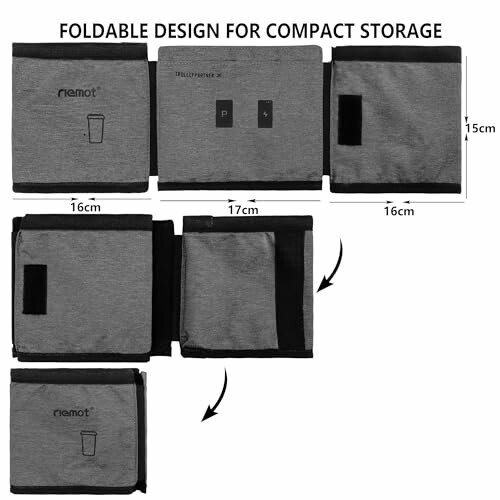 Foldable grey storage bag with dimensions for compact storage.