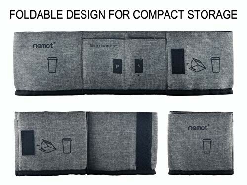 Foldable gray storage pouch with labeled sections for compact storage.