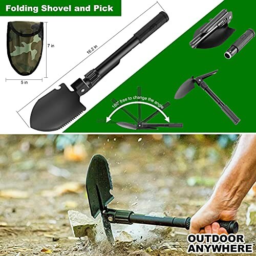 Folding shovel and pick with carrying case, shown in use outdoors.