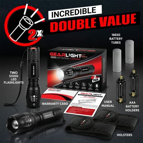 GearLight S1000 tactical flashlight set with accessories and packaging.