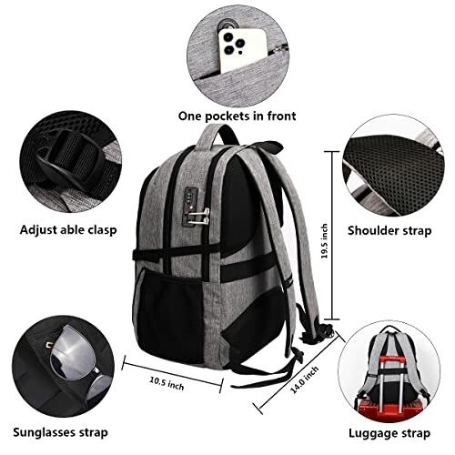 Gray backpack with features like front pocket, adjustable clasp, shoulder strap, sunglasses strap, and luggage strap.