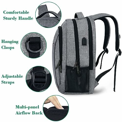 Gray backpack with comfortable handle, hanging clasps, adjustable straps, and multi-panel airflow back