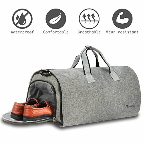 Gray duffel bag with shoe compartment and features icons.