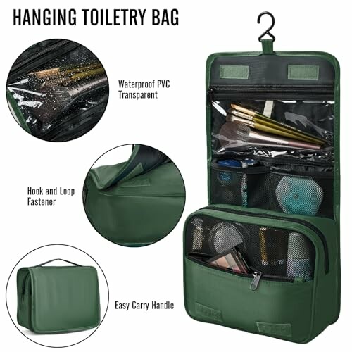 Green hanging toiletry bag with compartments and hook.