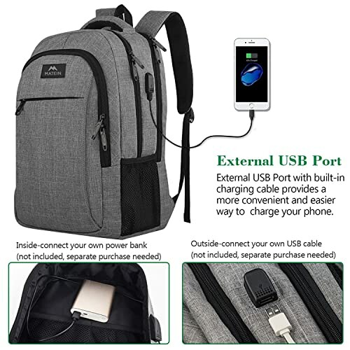 Grey backpack with external USB charging port and cable