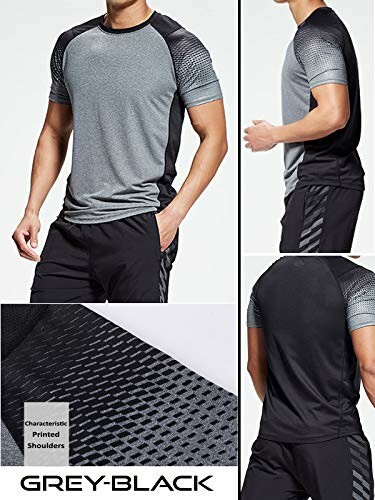 Men's grey and black sports shirt with printed shoulders.