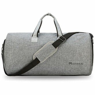 Grey duffel bag with shoulder strap and handles