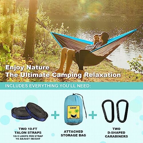 Two people relaxing in a hammock by a lake with camping gear displayed.