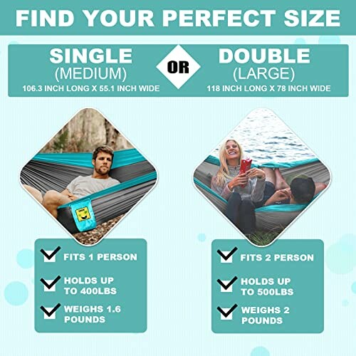 Comparison of single and double hammocks with features listed.