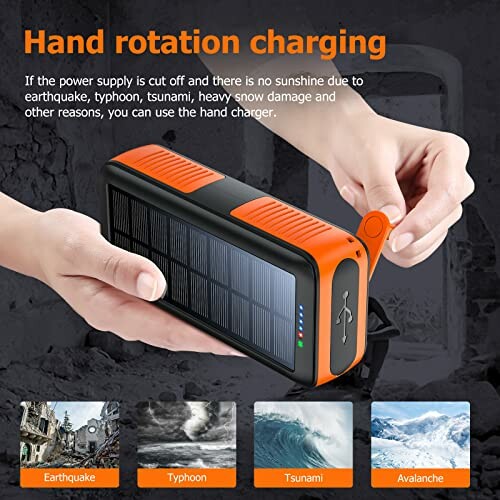 Hand rotating charging device with solar panel and emergency scenarios.